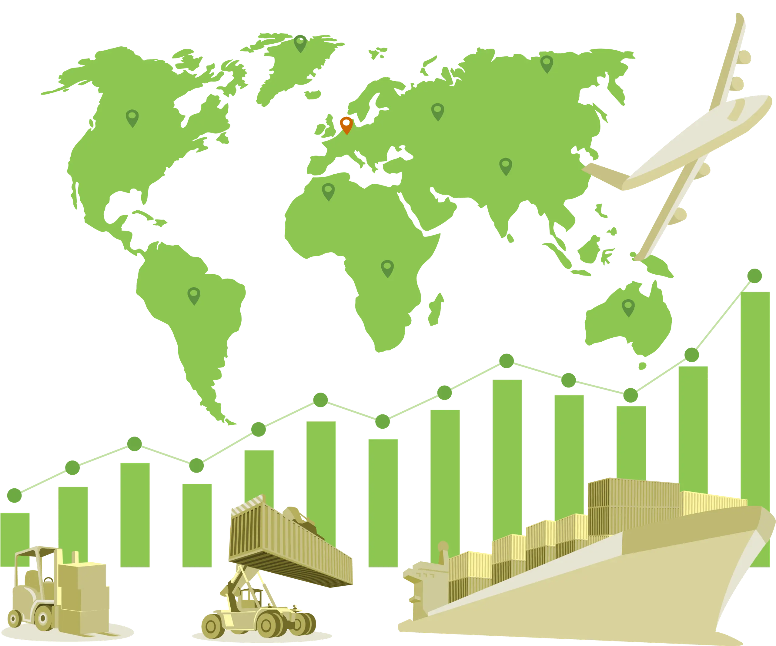 World map with shipping containers, a freighter, an airplane and a rising bar chart, in green and gold.