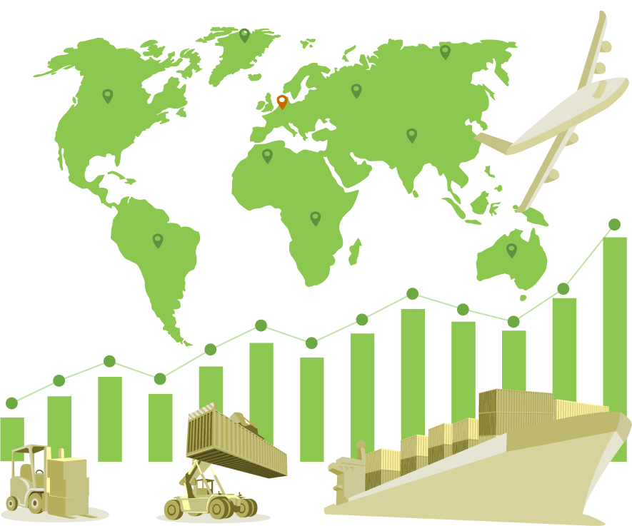 World map, featuring a freighter ship at sea, a plane in flight, and vehicles at a container terminal to symbolize customs, global trade and logistics.