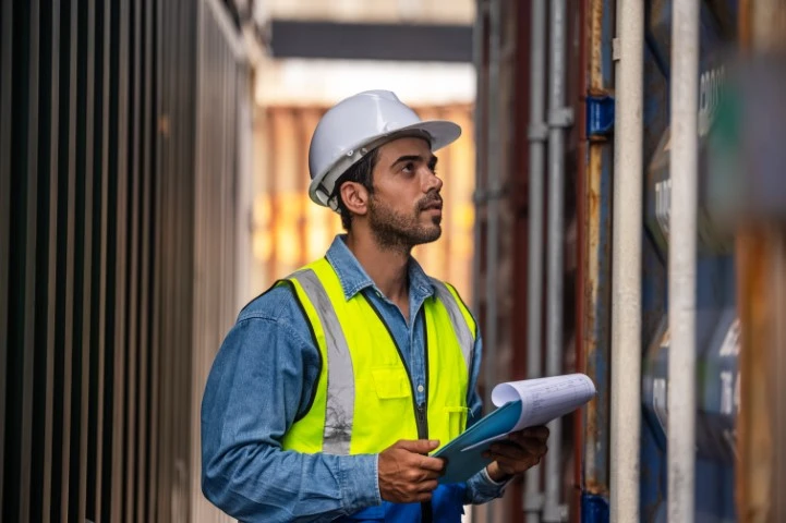 A man performing a physical inspection on a container.